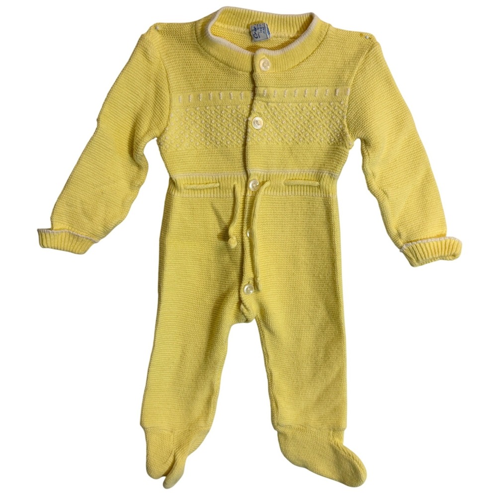 Cradle Knit Vintage Yellow Footed Romper Button Front Orlon Acrylic Newborn 0-3M